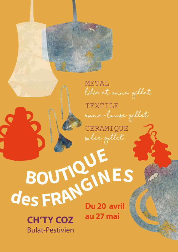 Affiche de la boutique éphémère de printemps 2024 au Chty Coz de Bulat avec RIZOM, le Tournesol et les Métalleuses en fusion