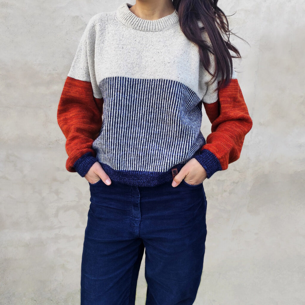 Pull Pasou tricoté en laine mérinos française. Boutique RIZOM Atelier Textile, bretagne