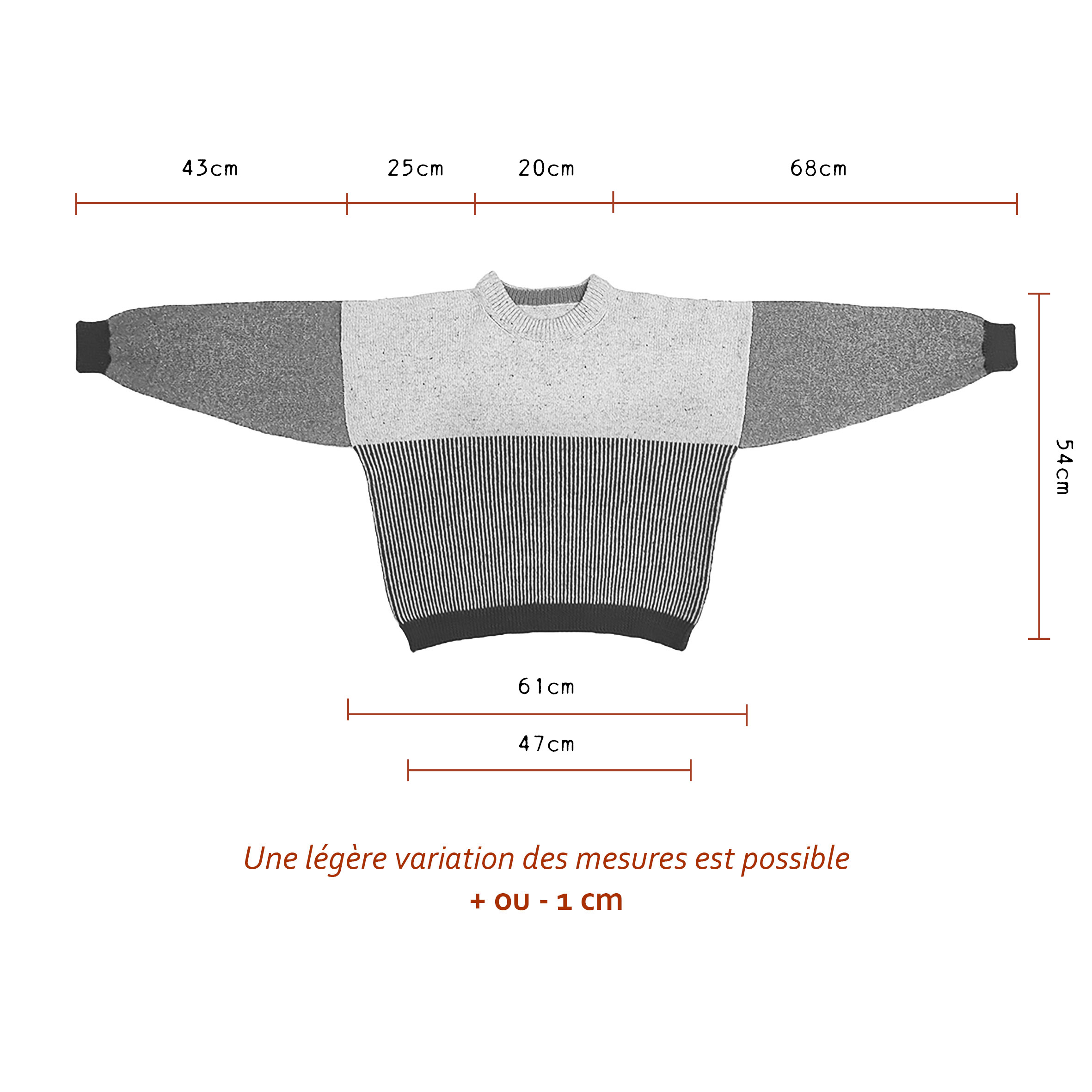 Dimensions exactes, guide des tailles pull en laine Pasou. Taille unique, femme. Une création originale RIZOM Atelier Textile.